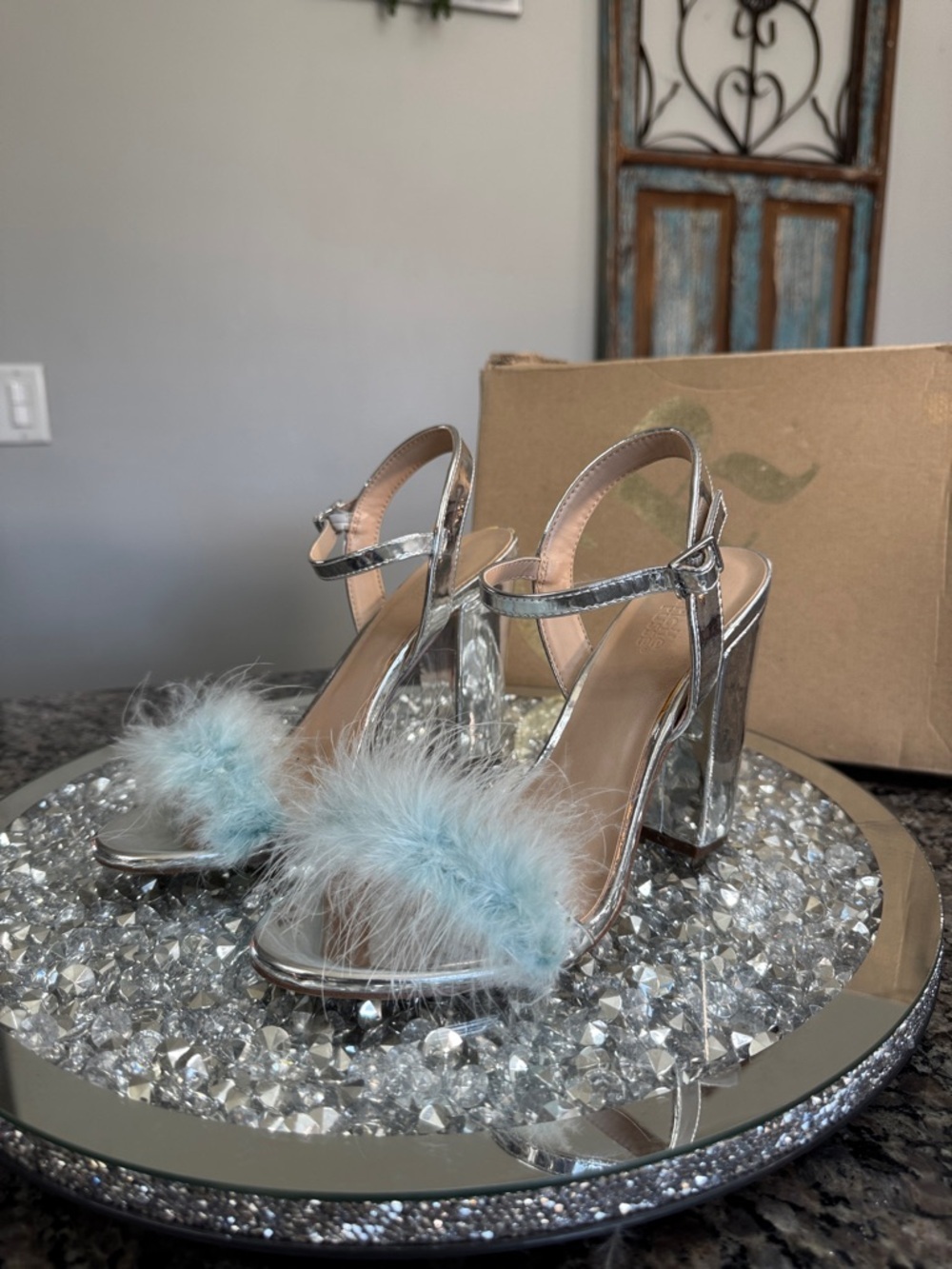 Charlotte Russe Silver Block Heels with Light Blue Feather Accent 7